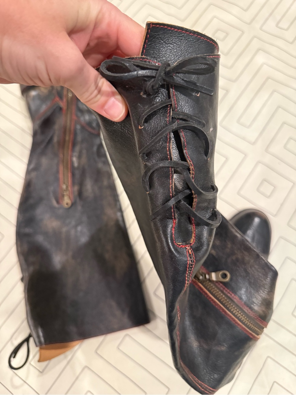 Bed | Stu Distressed Black Leather Riding Boots with Tie Calf - Picture 6 of 14